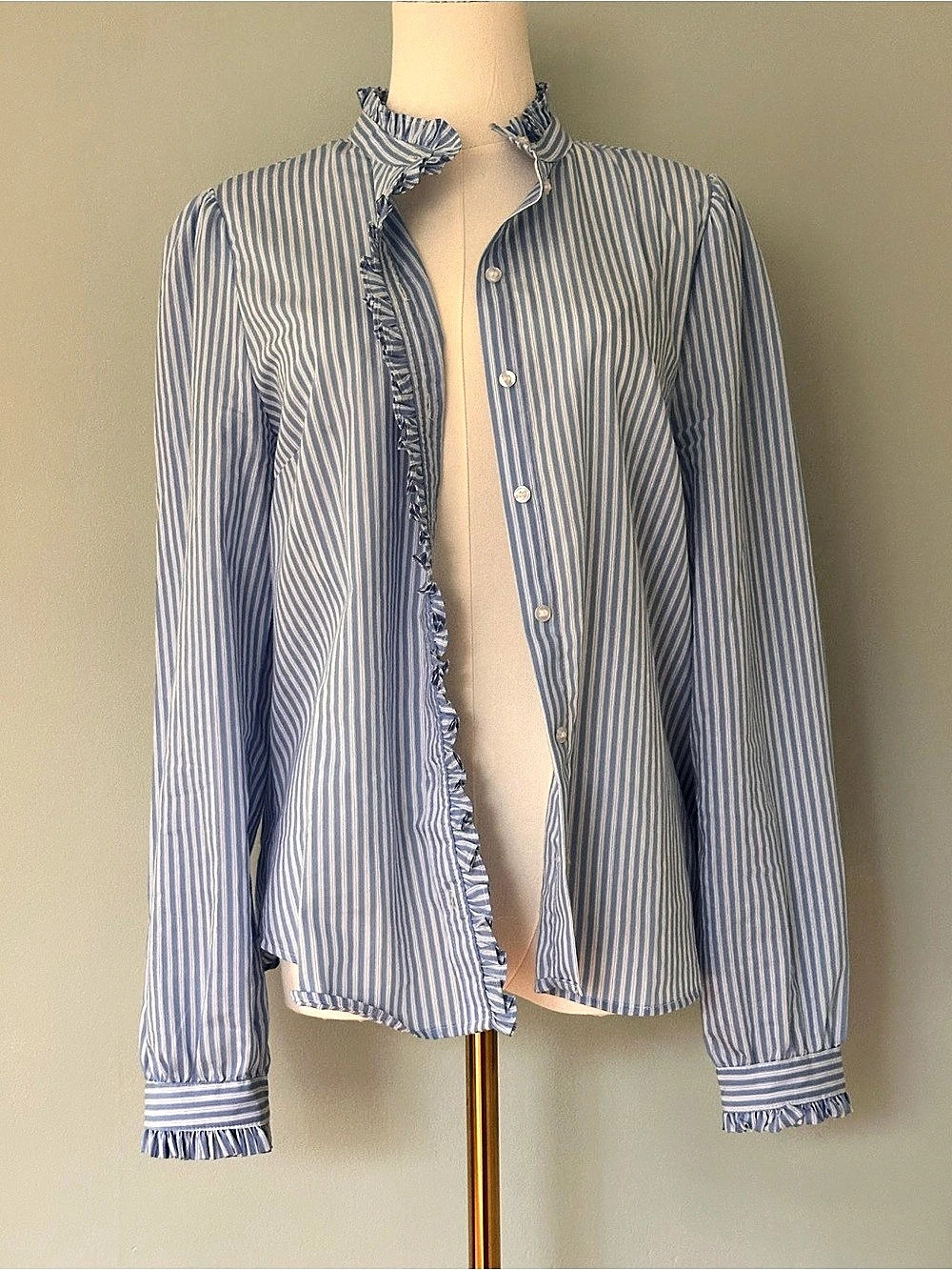 H&M Blue & White Striped Ruffle Blouse Size S - Picture 2 of 5